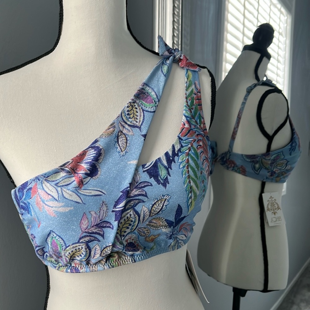 BECCA one shoulder bandeau-style halter bikini swim top, sparkling blue floral L